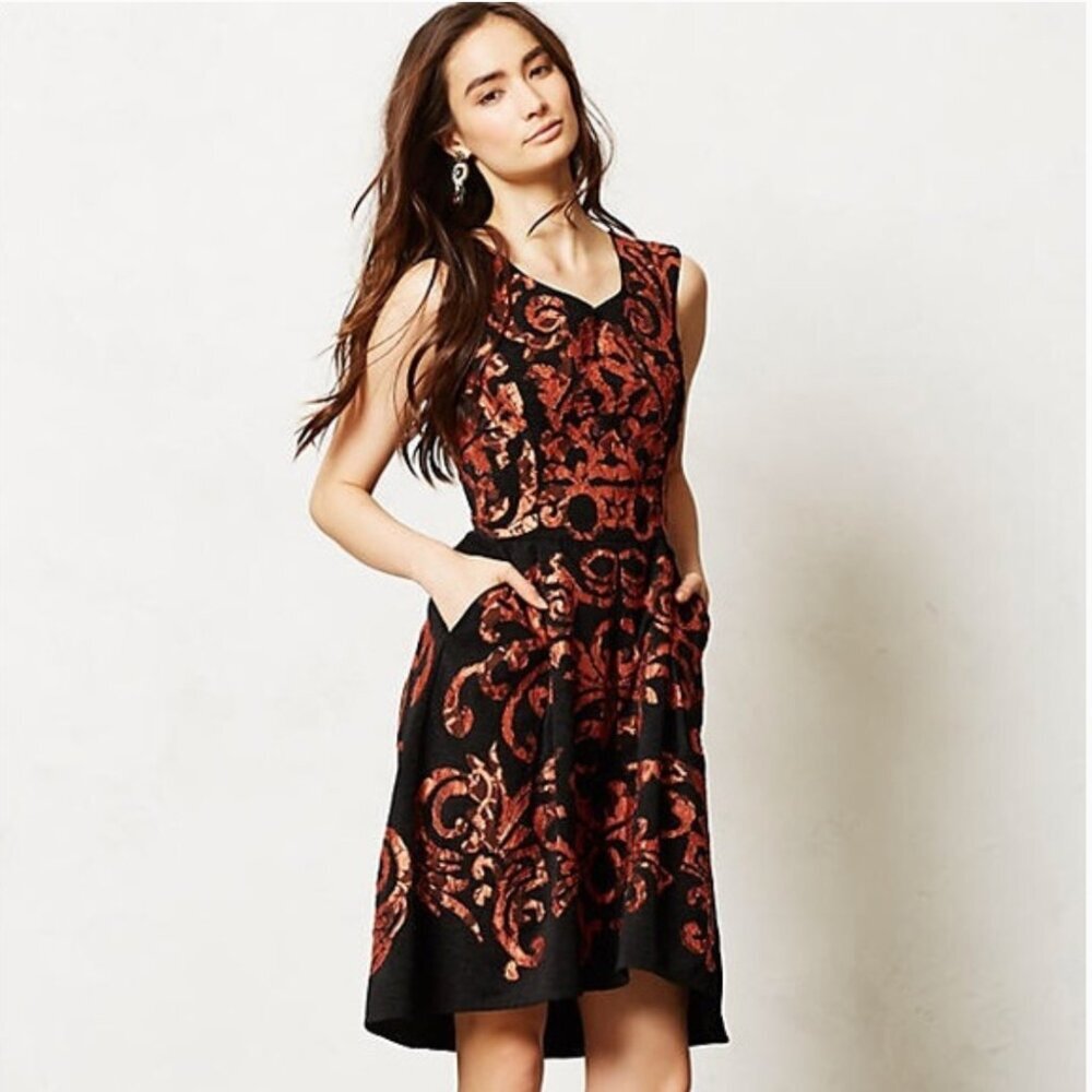Yoana Baraschi Black Dress with Copper Floral Damask